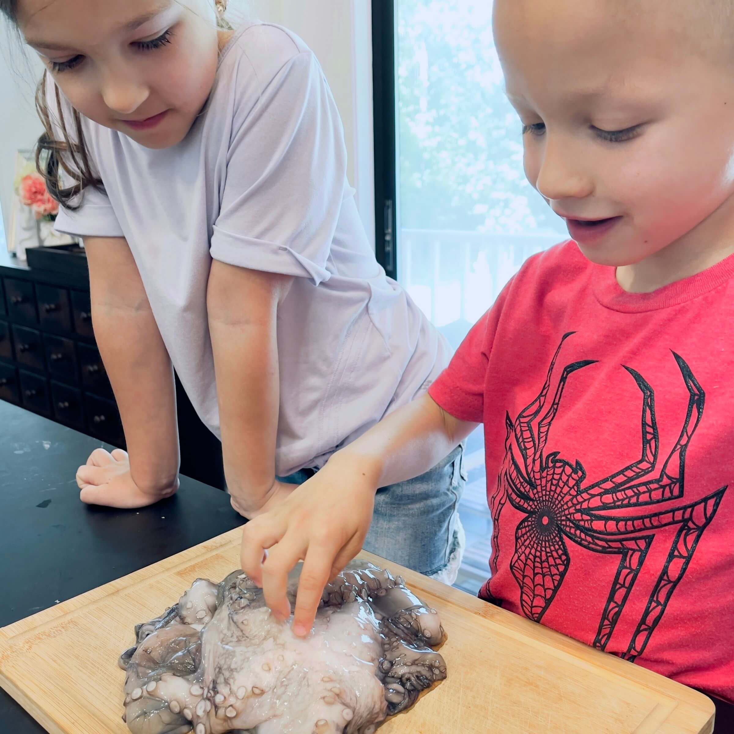Michael Kummer's son and daughter looking at an octopus that's about to be cooked for a meal.