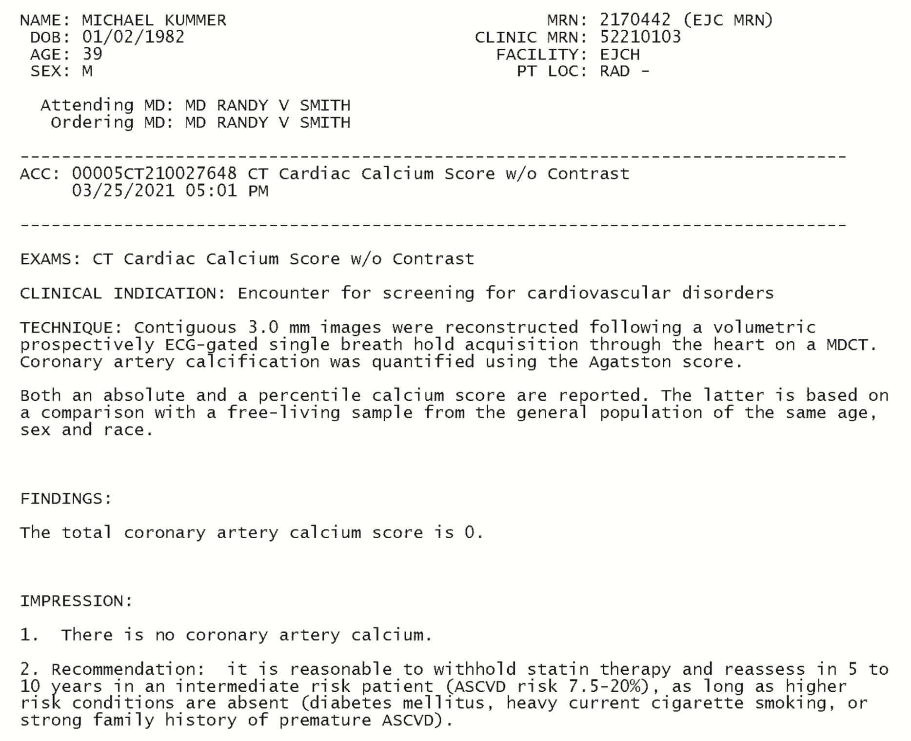 Michael’s calcium score test report.
