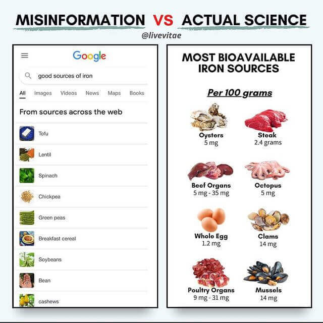 What Google says a good source for iron is vs reality.