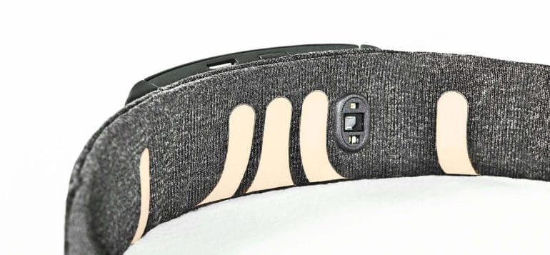 The inside of the Muse S headband features several EEG electrodes made from silver fabric.