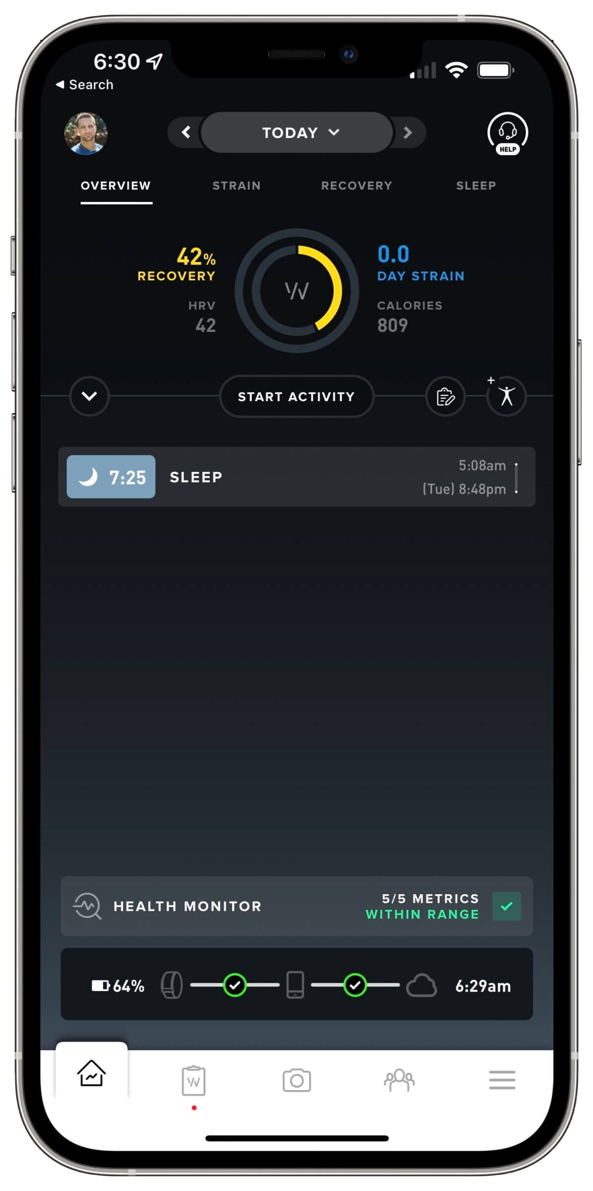 WHOOP App - Home screen