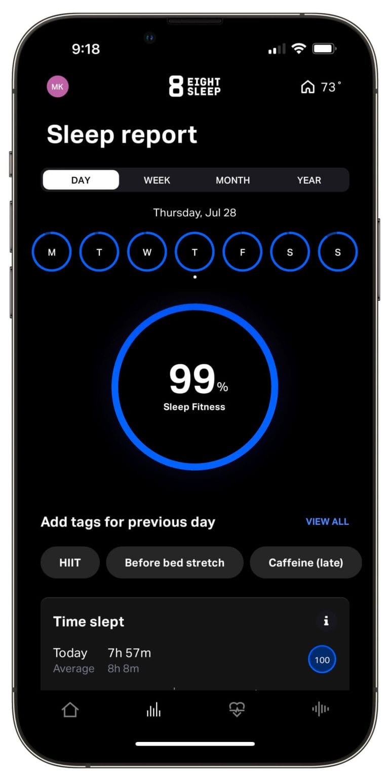 Eight Sleep calculates your personal sleep fitness score every morning.