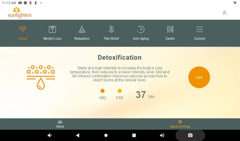 The Sunlighten mPulse features six predefined sauna programs.