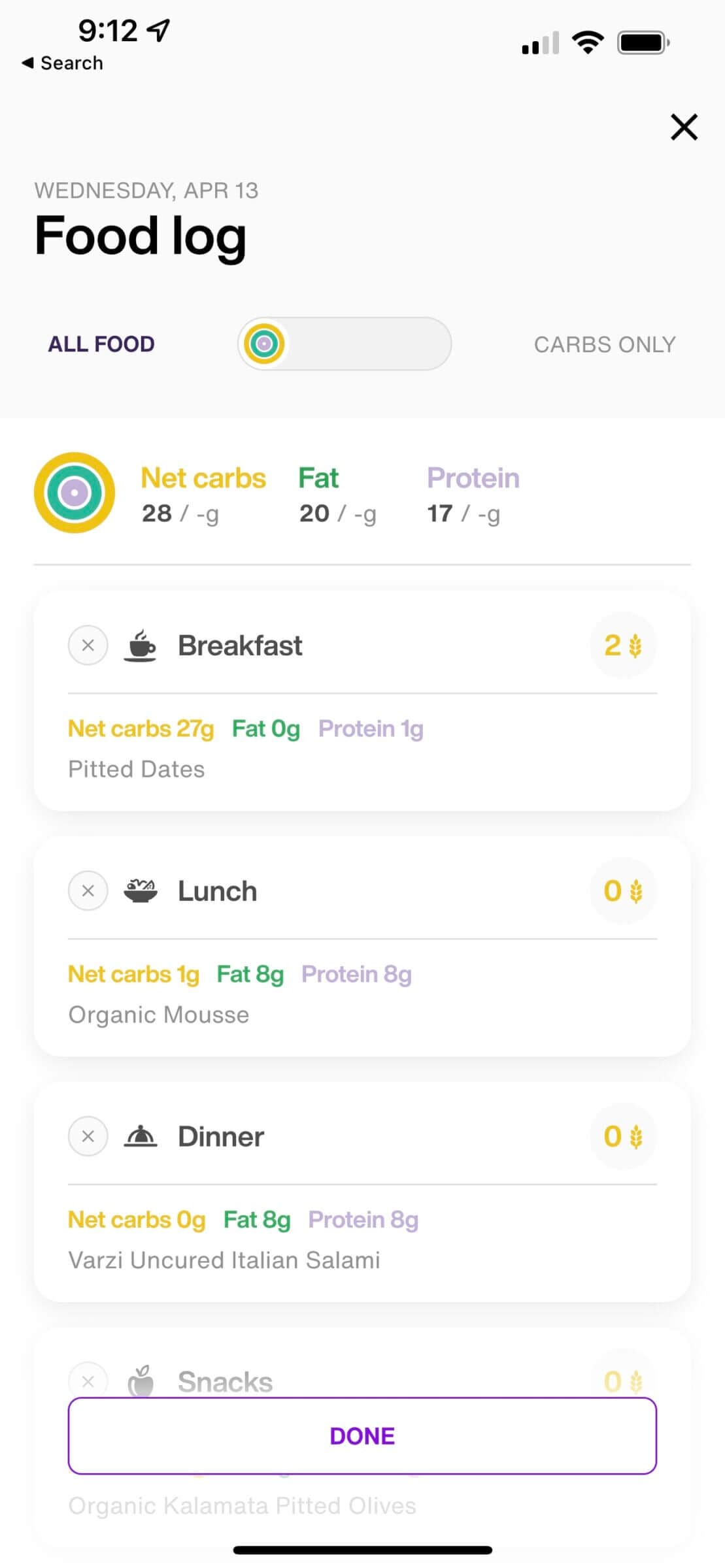 Example of the Lumen food log.