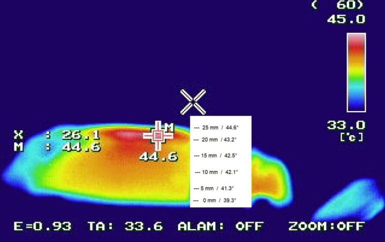 This image from a thermal imaging camera shows how deep Solio Alfa+ penetrates tissue.