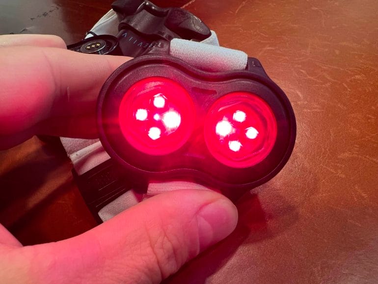 The red light therapy device I use features a combination of laser diodes and LEDs.