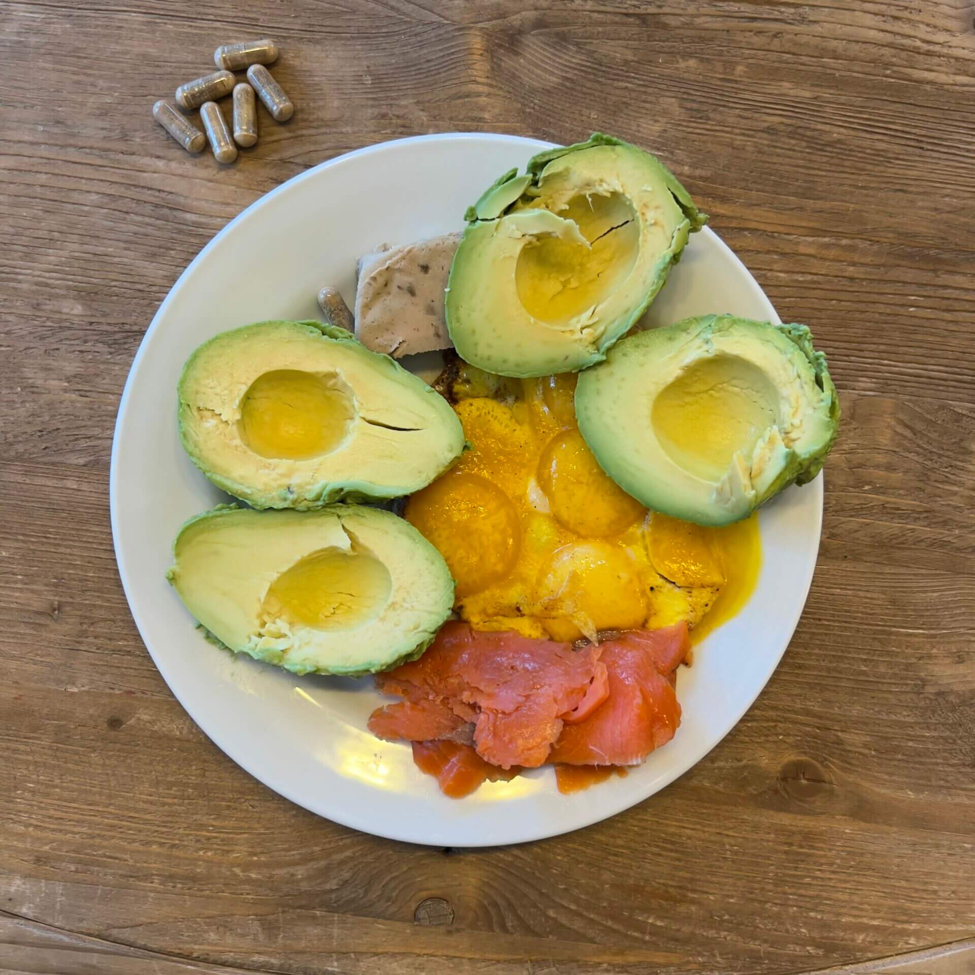 Eggs, avocado, smoked salmon.