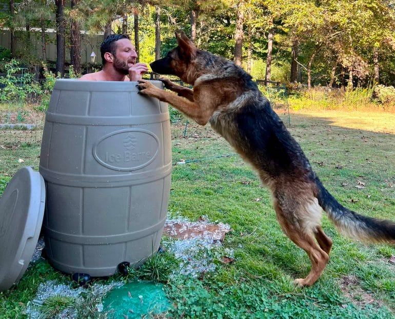 The first time I took an ice bath, our German shepherd wasn't sure what to make of it.