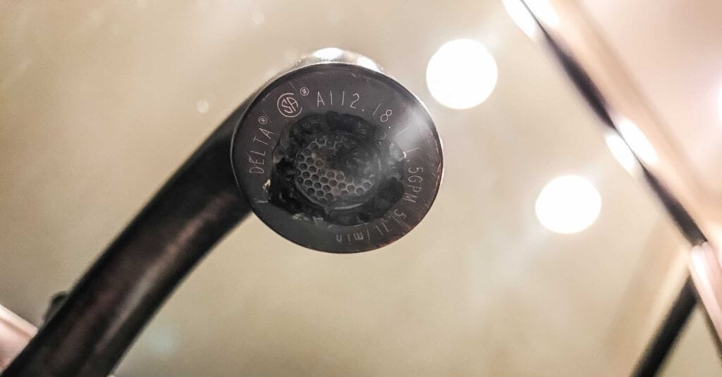 Photo of a sink faucet aerator with black slime on it.