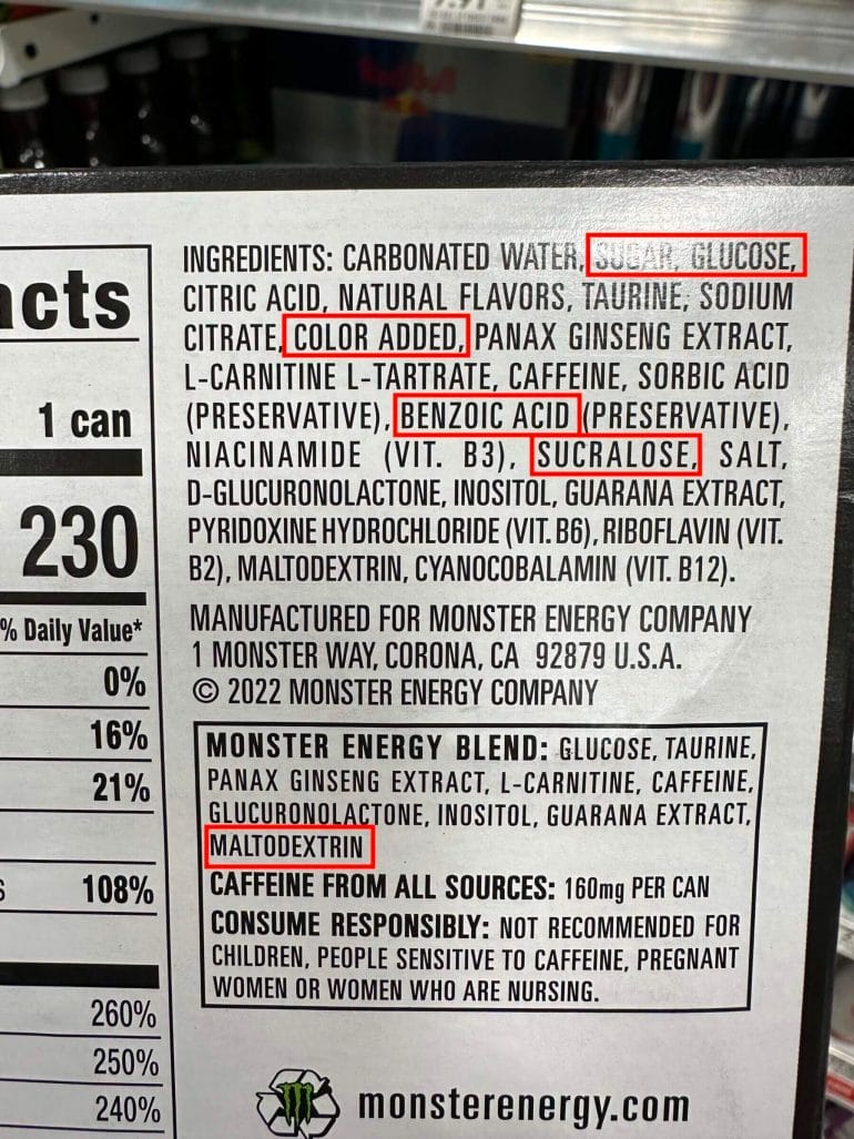 Monster Energy Drink Ingredients Label