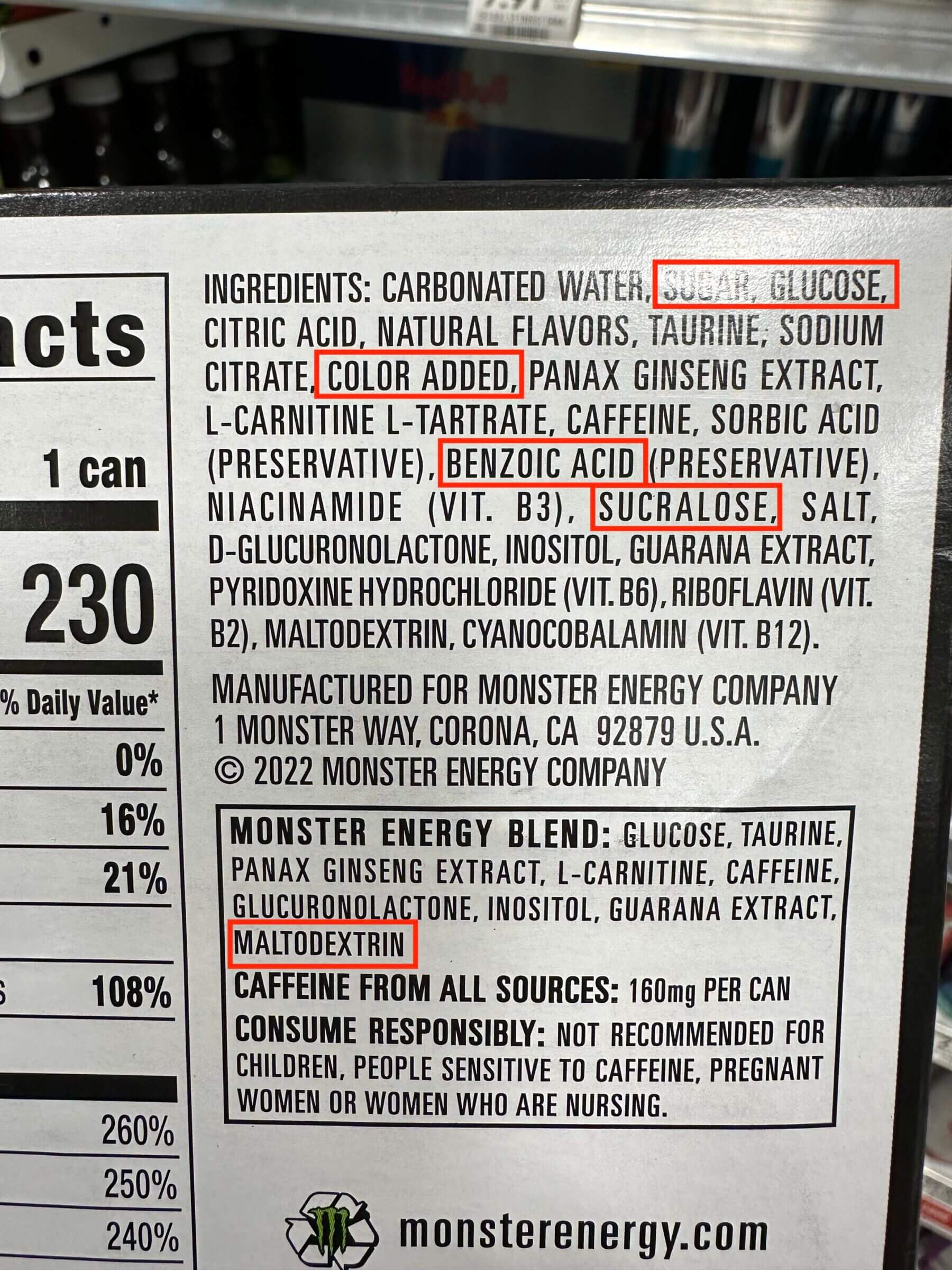 Monster Energy Drink Ingredients Label