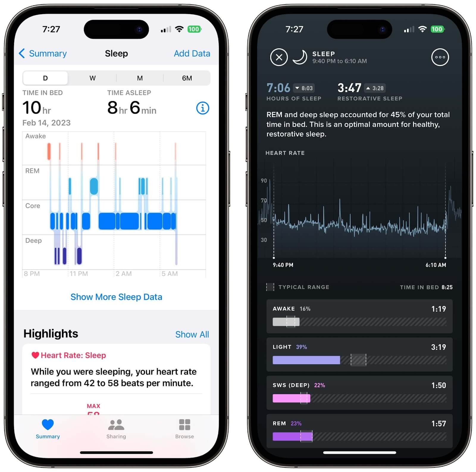 Sleep data from Apple Watch Ultra (left) vs. WHOOP 4.0 (right).