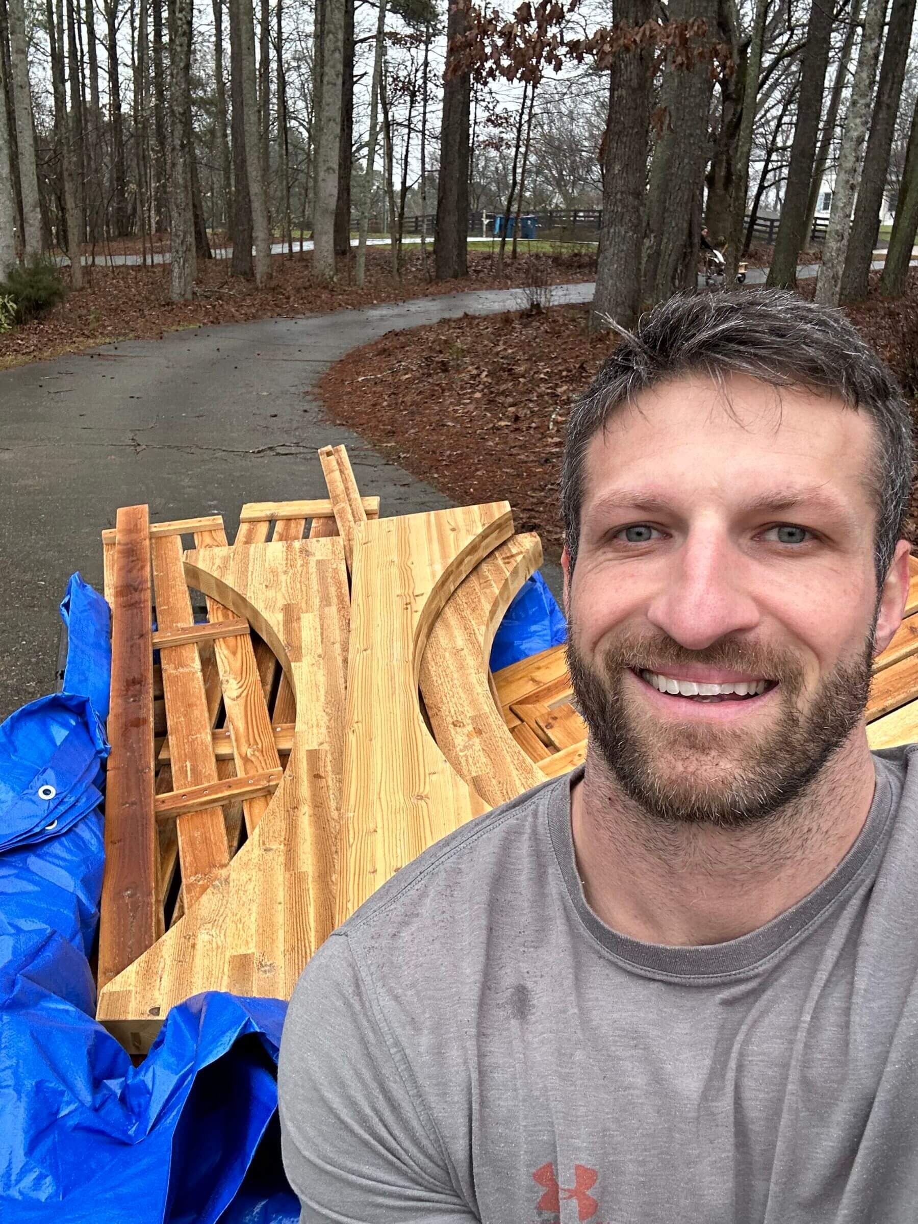 I used our lawn tractor to haul the sauna pieces to our backyard.