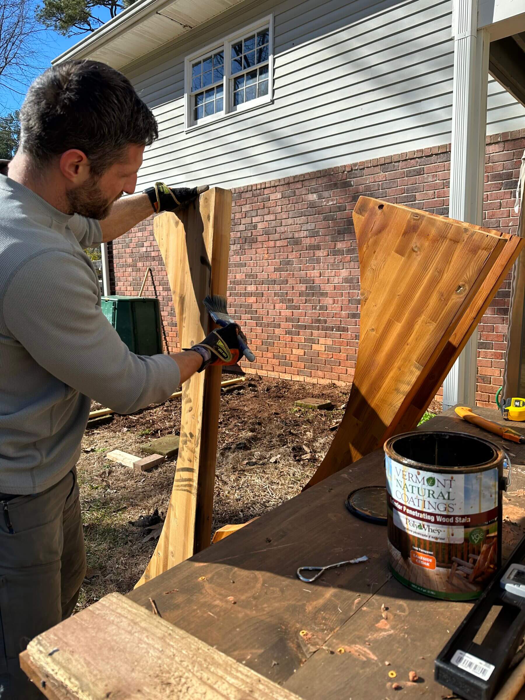 We stained the sauna base with a non-toxic wood stain to help prevent rotting.