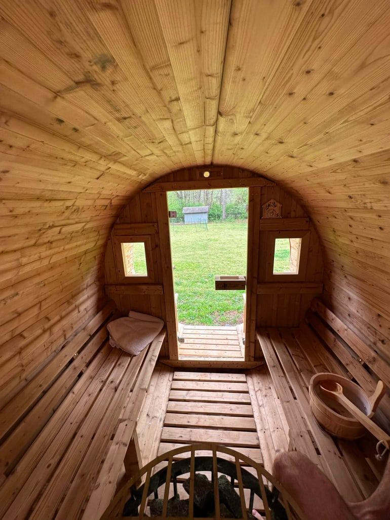 View out the front door of our Redwood Outdoors thermowood sauna.