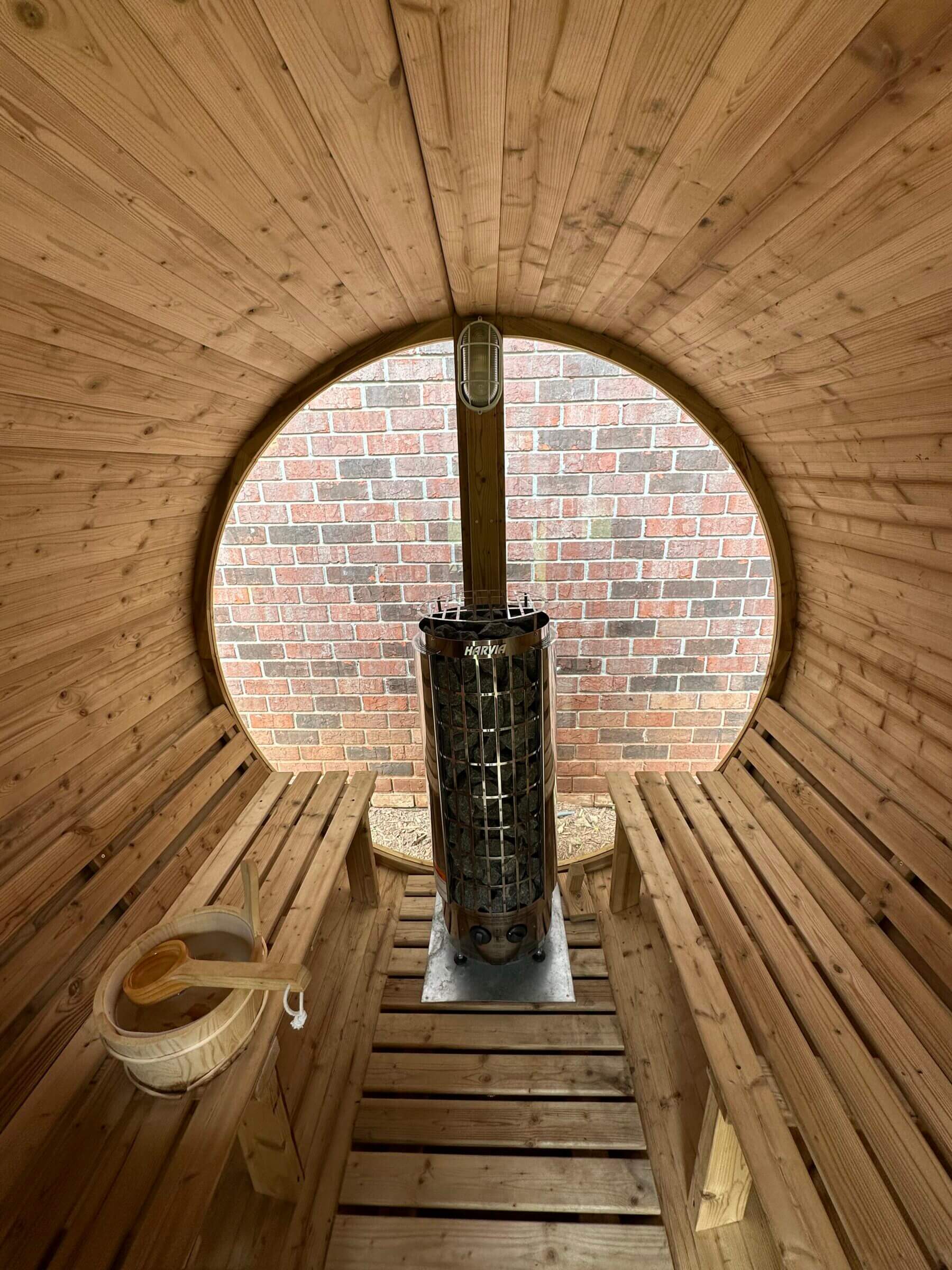 View out the window of our Redwood Outdoors thermowood sauna.
