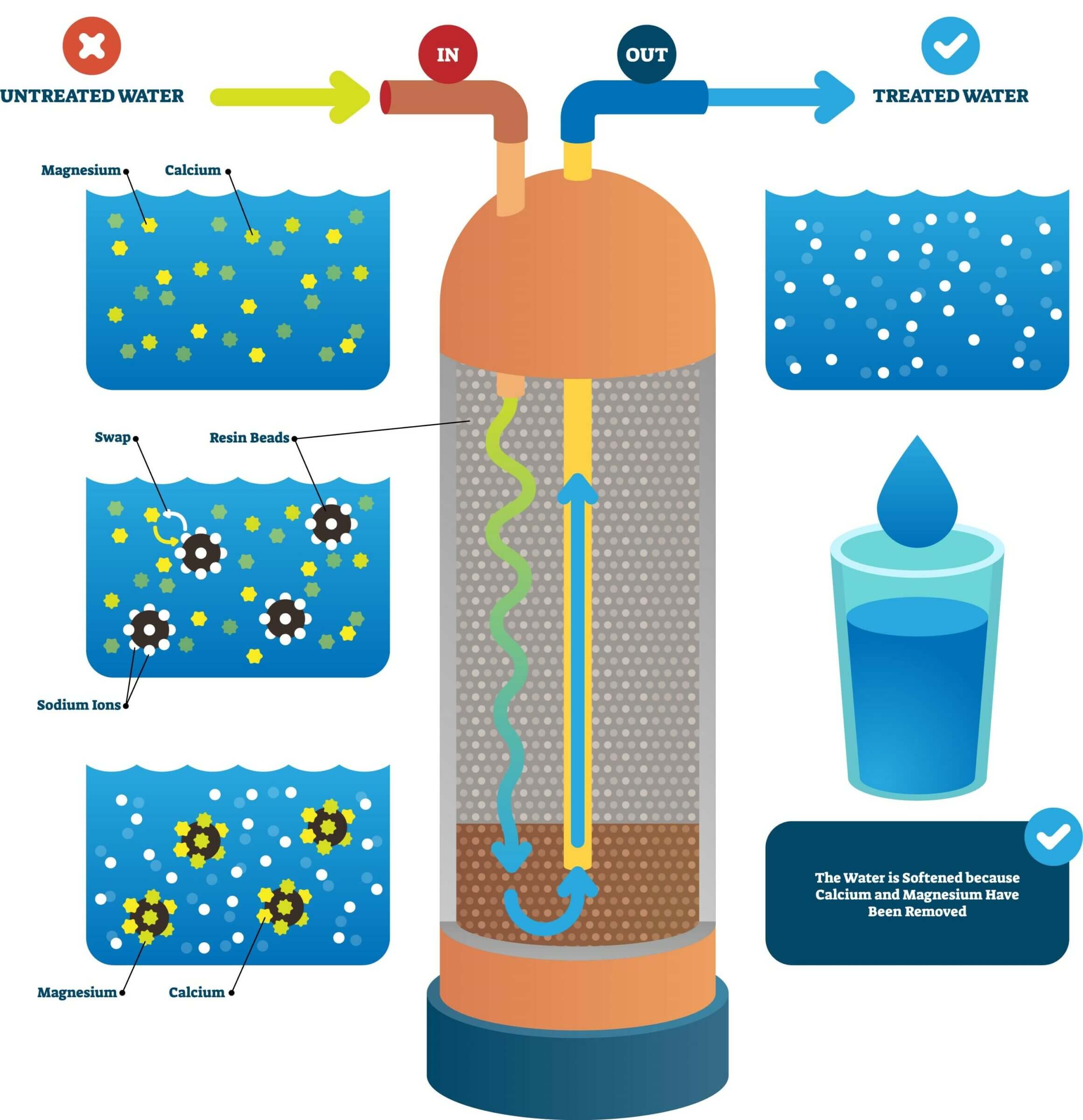 Water softeners replace calcium and magnesium with sodium ions.