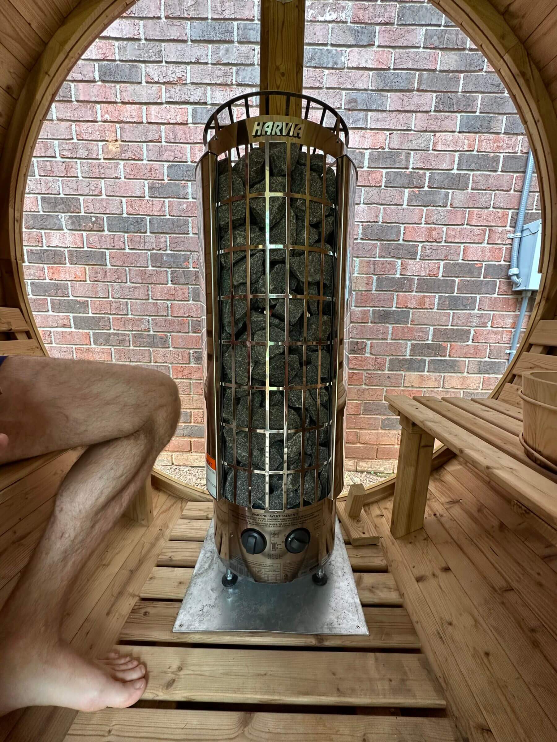 The electrical heater from Harvia heats up quickly but has an automatic shutoff to reduce the risk of fire.