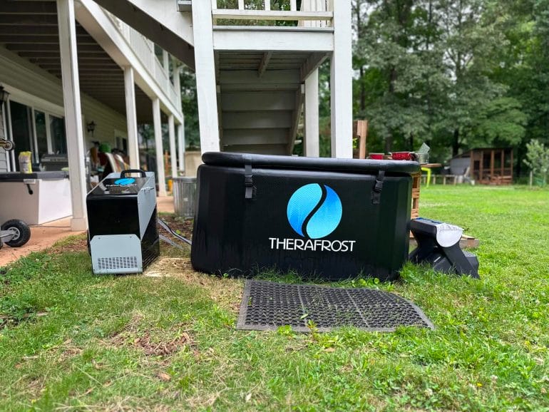 I first placed TheraFrost on our lawn but the spot wasn't level enough.