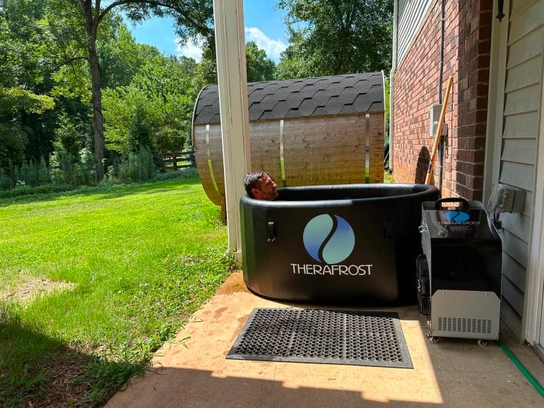 TheraFrost can fit even on small patios. (You can see our barrel sauna in the background.)