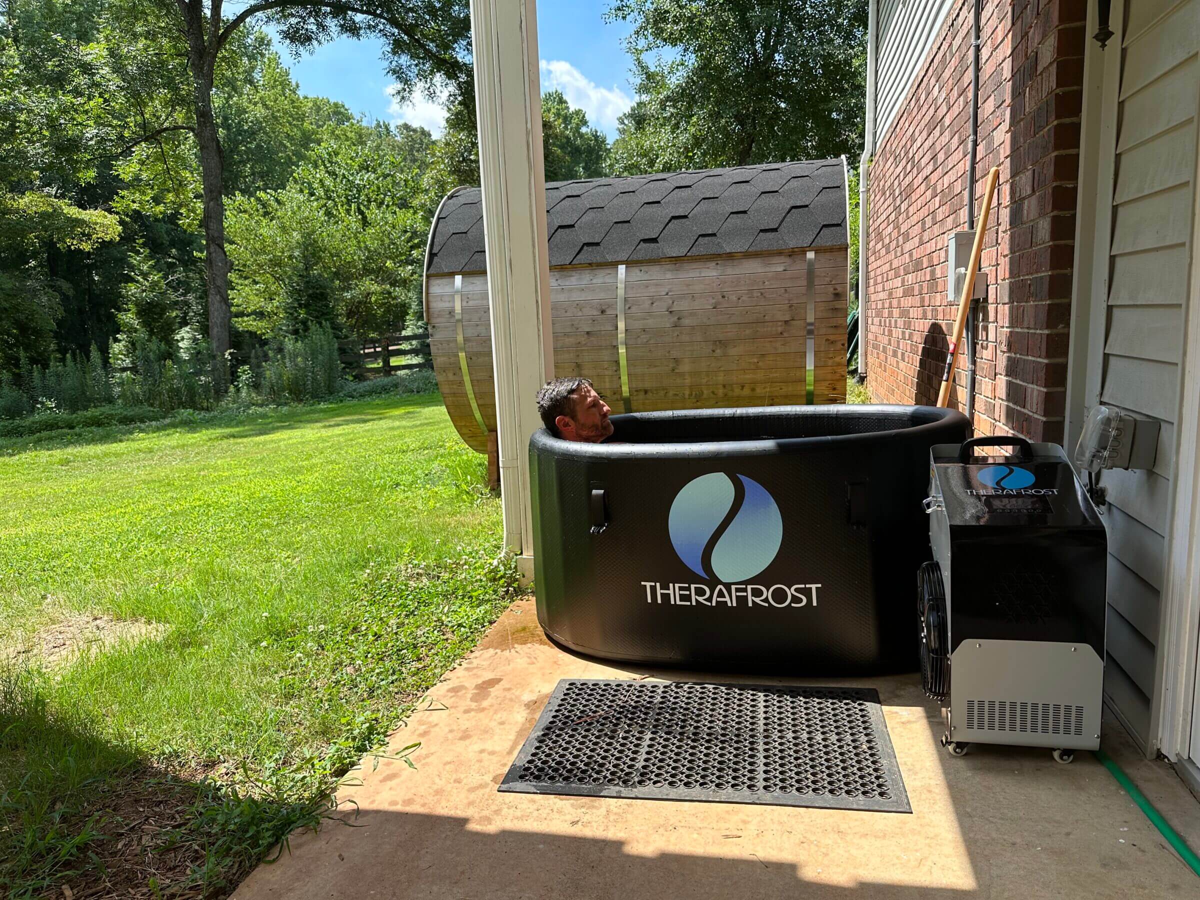 TheraFrost can fit even on small patios. (You can see our barrel sauna in the background.)
