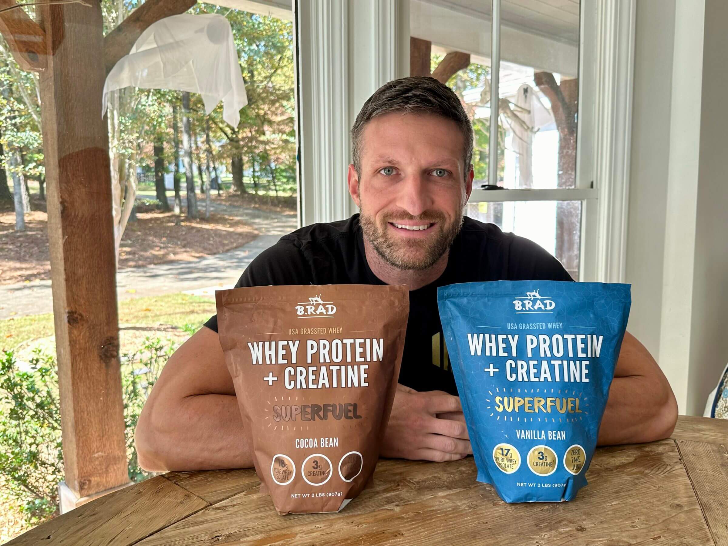 Michael with B.Rad protein powder bags.