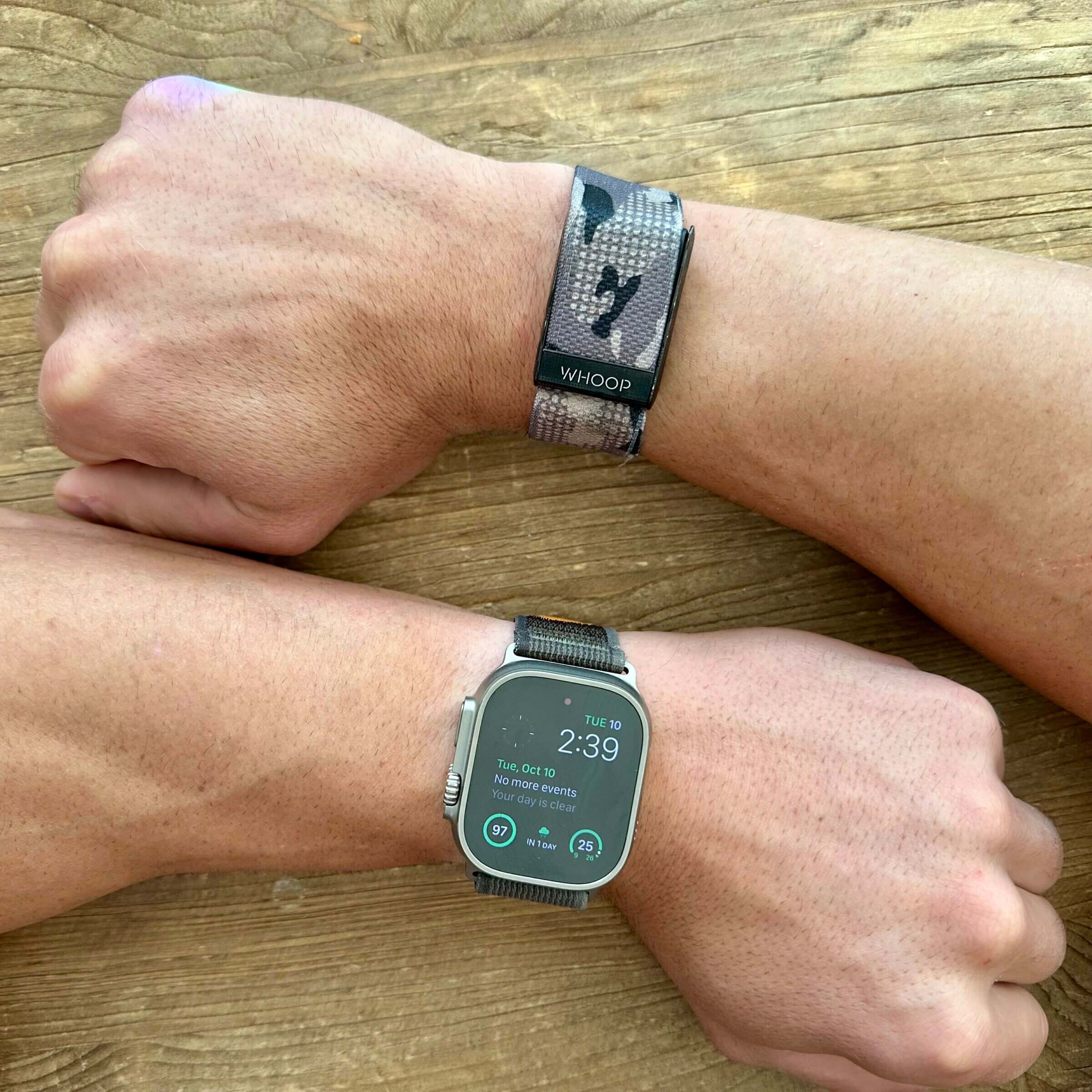 Michael Kummer wearing both an Apple Watch and a Whoop strap.
