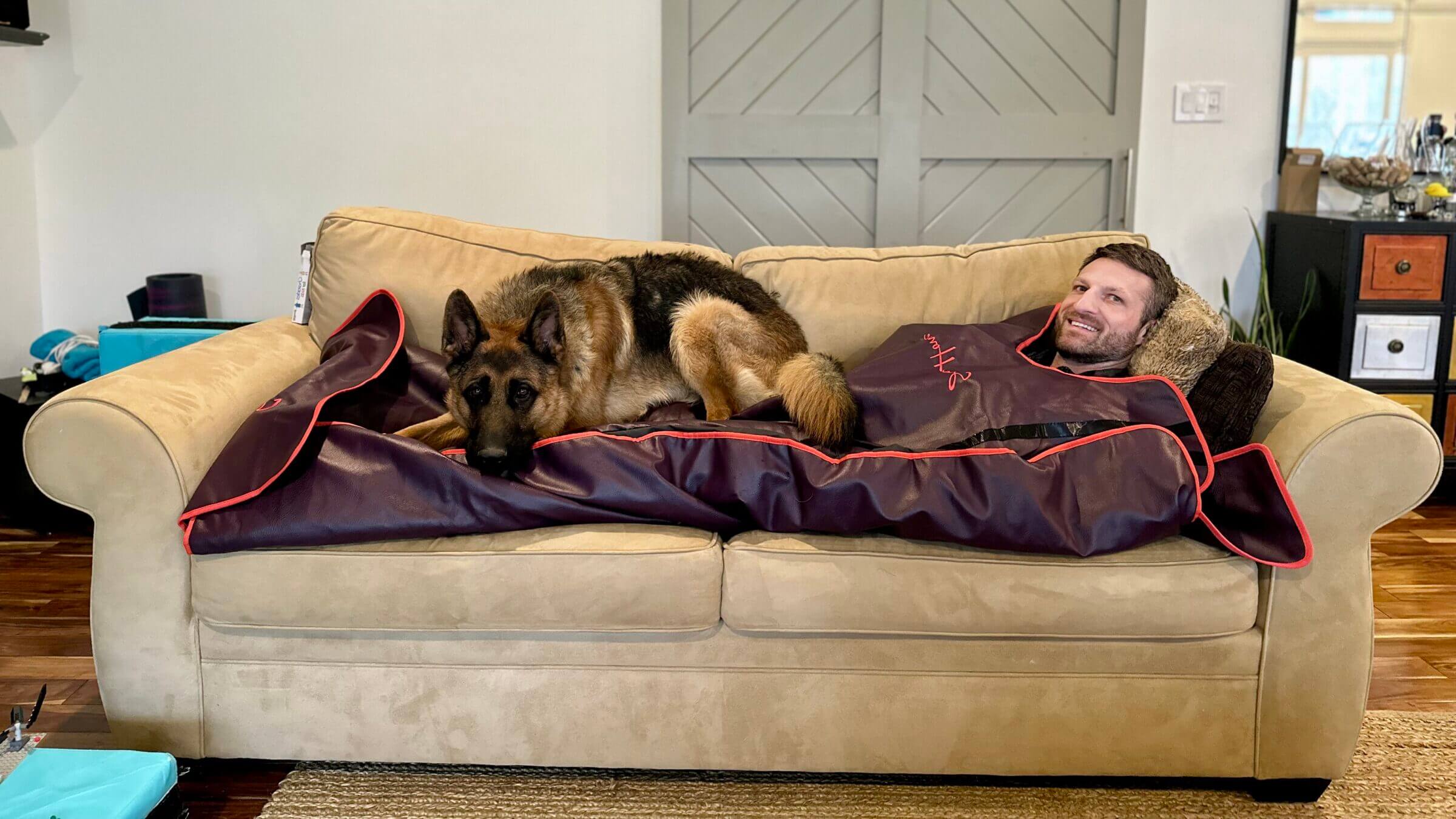 Our German Shepherd enjoys the sauna blanket as much as I do.