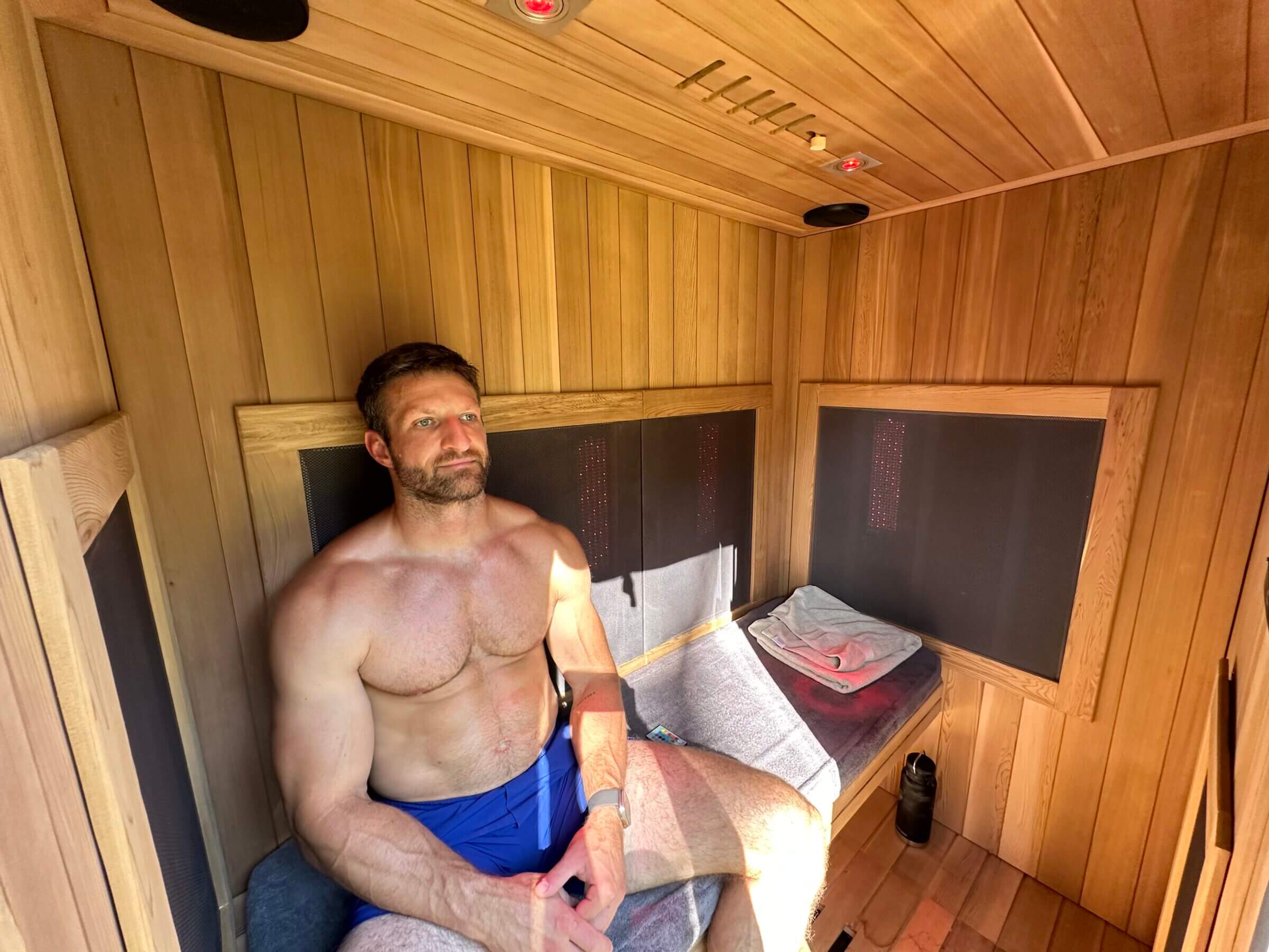 The two ceiling-mounted speakers offer a better sound quality than I expected from a sauna.