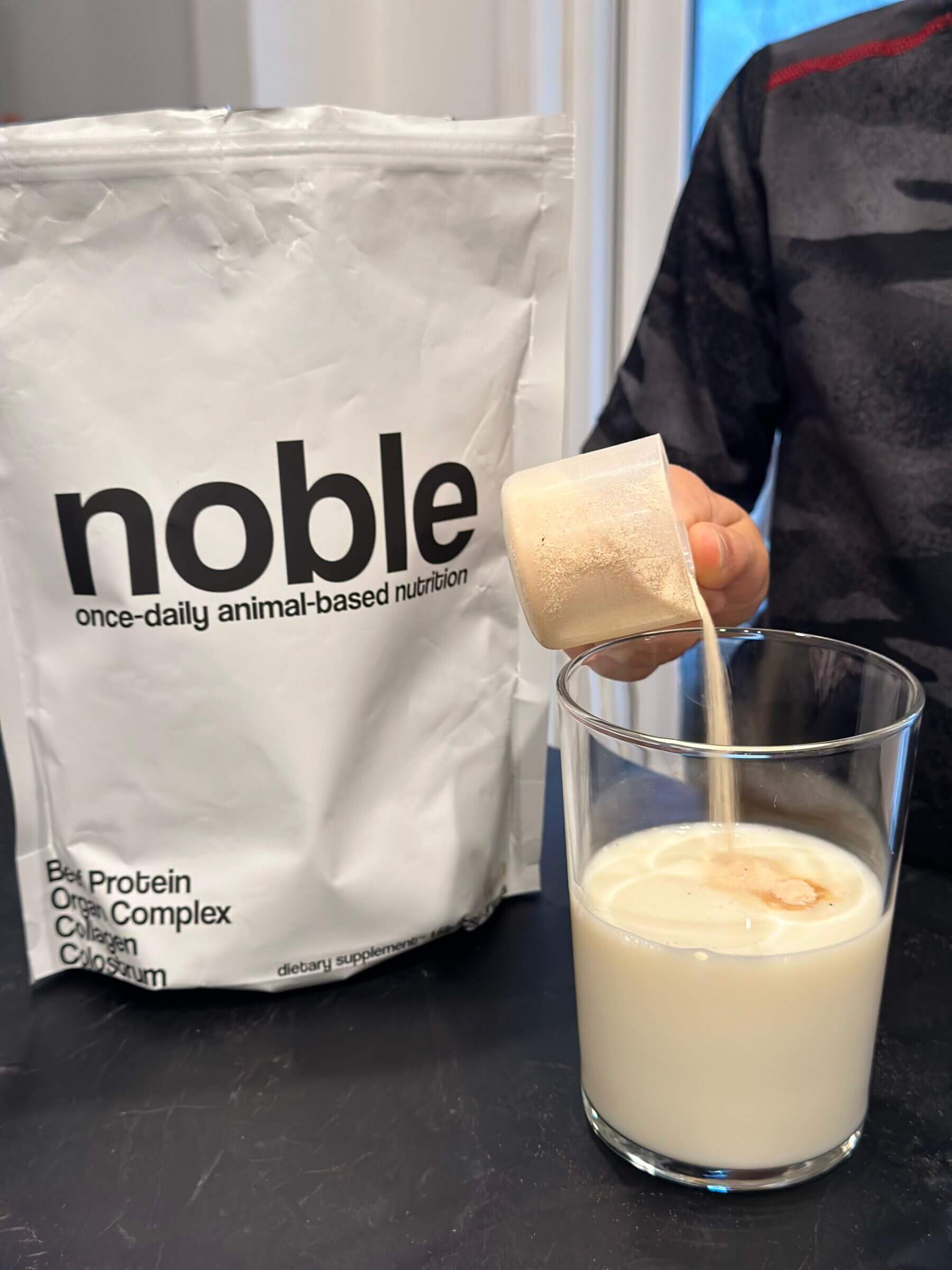Noble's beef protein powder mixes into liquids well. 