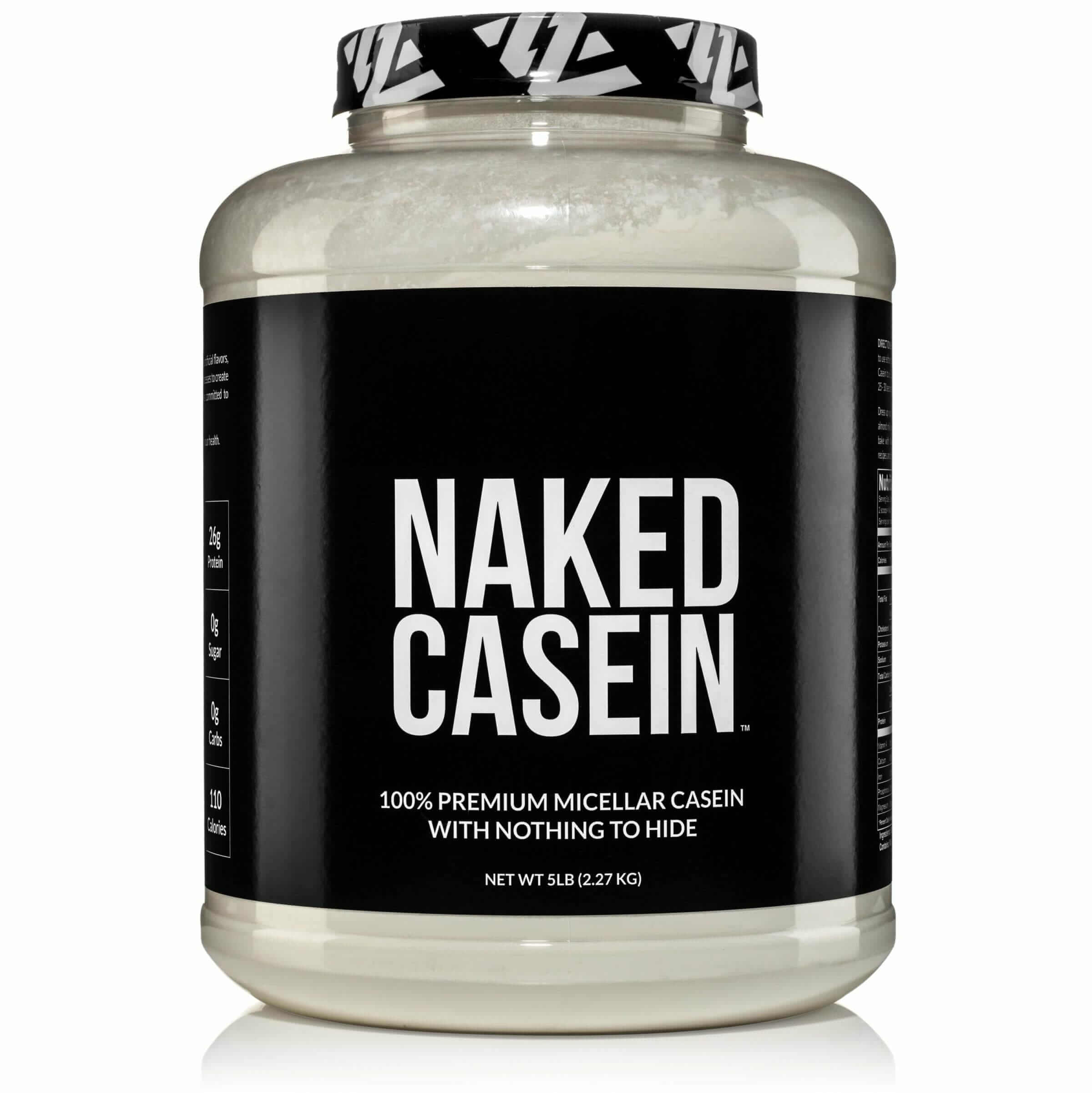A jar of Naked Casein protein powder.