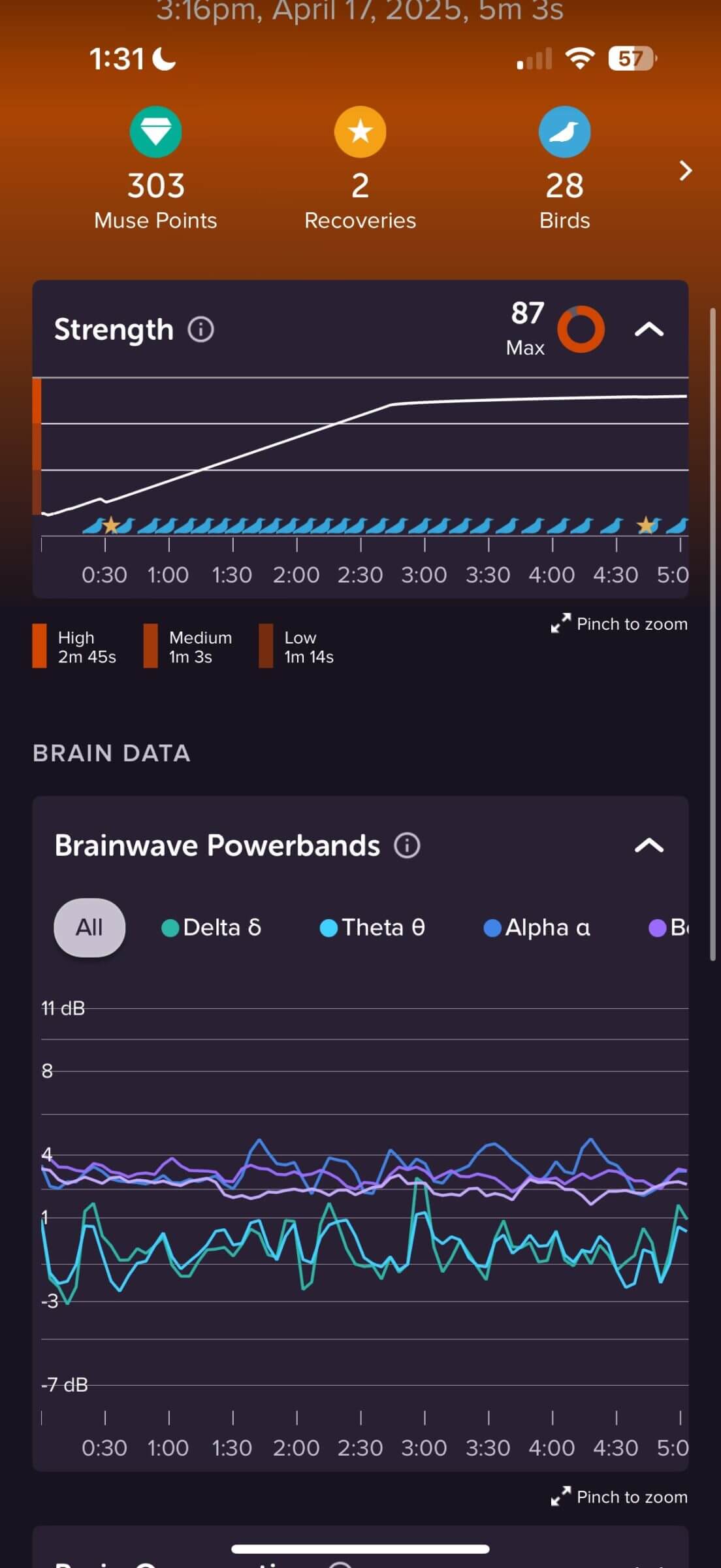 High Alpha, Beta and Gamma activity demonstrate elevated neuronal activity
