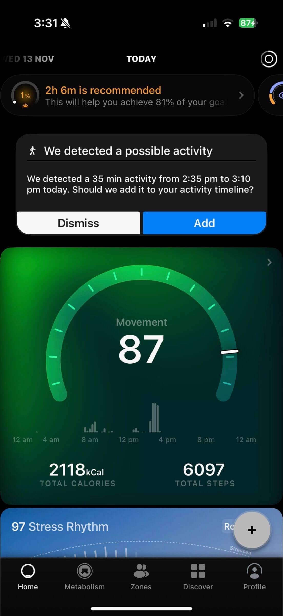 I like the color-coded homescreen of the Ultrahuman app