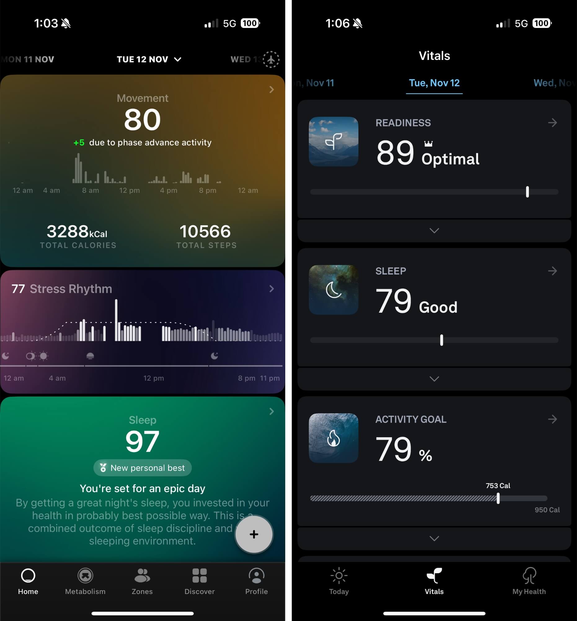 I prefer the color-coded homescreen of the Ultrahuman app (left).