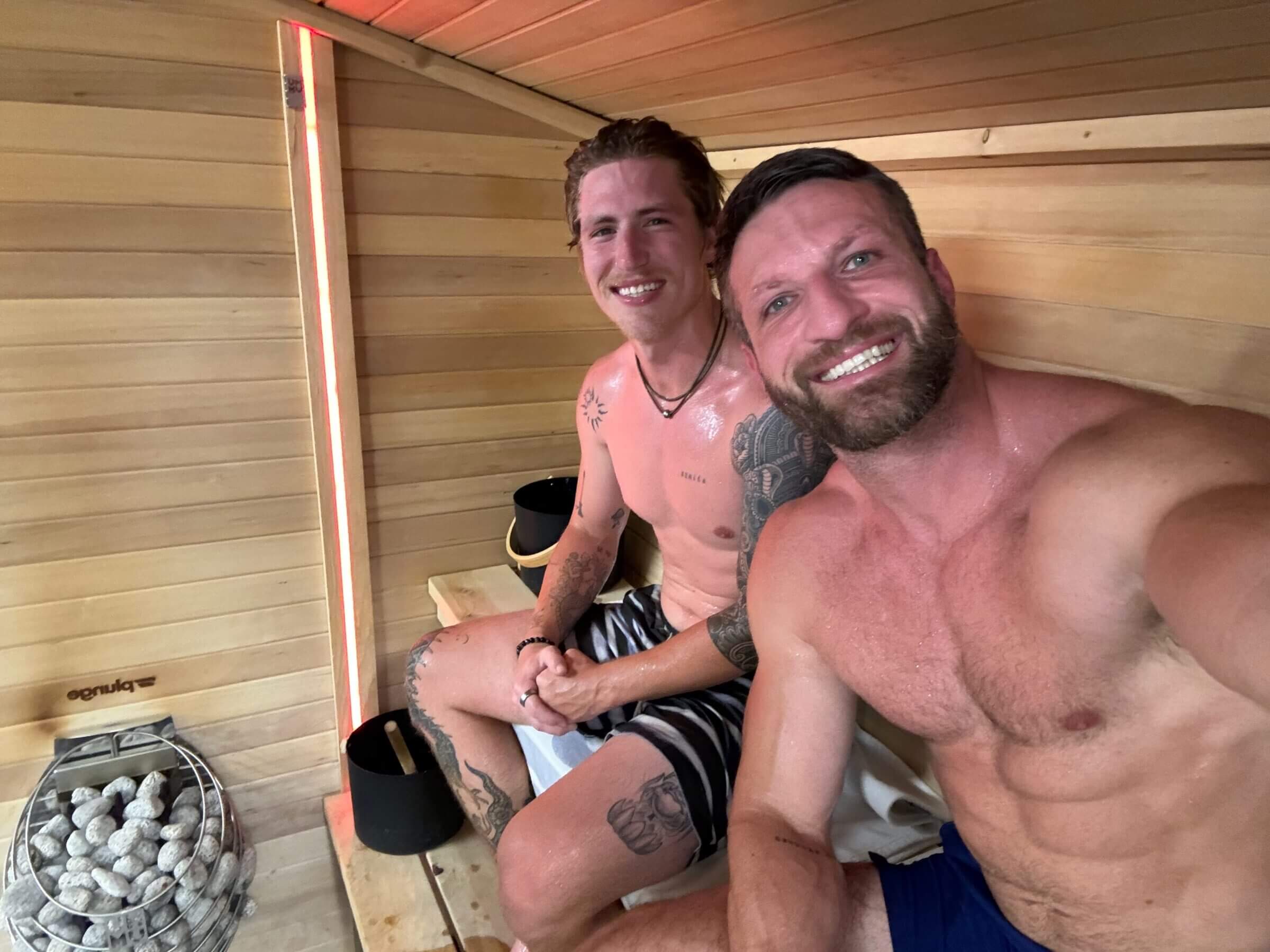 Michael trying the Plunge sauna with Adam