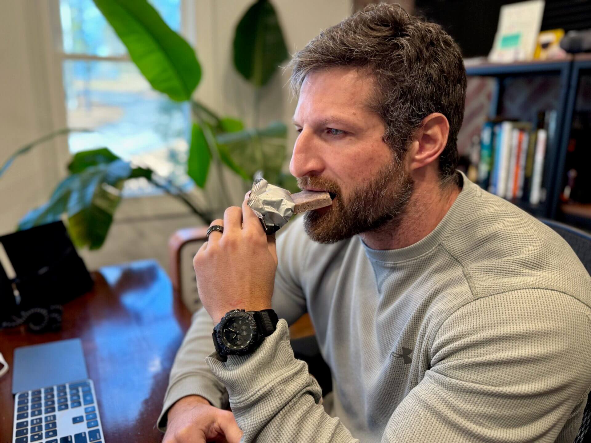 Here I am enjoying a Carnivore Bar at home.