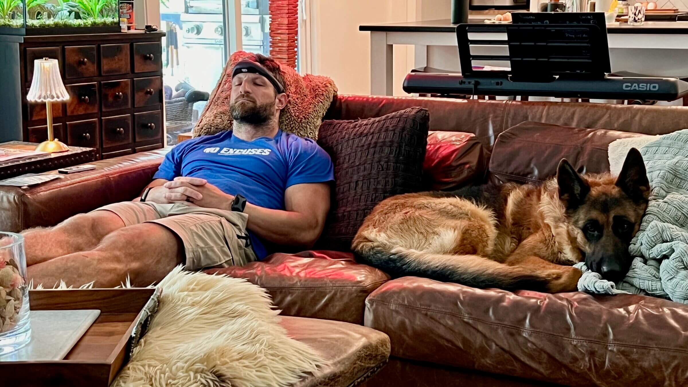 Wearing Somnee while chilling on the couch with Rib-Eye.