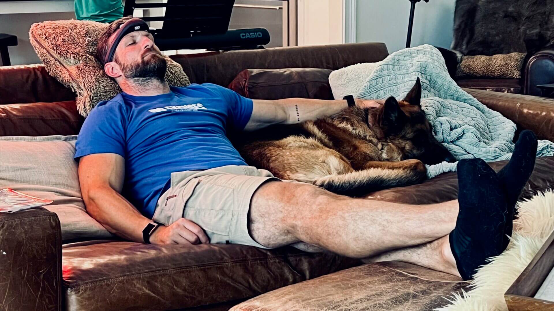 Michael wearing Somnee on the couch