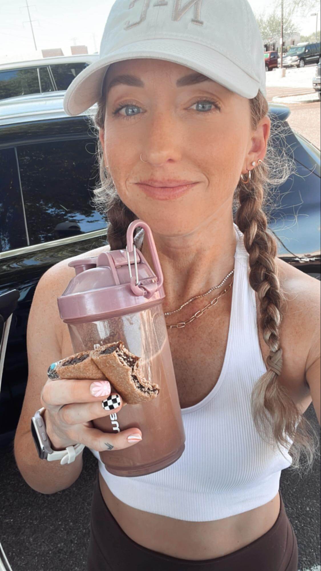 When I’m on-the-go, I love a simple post-workout combo like a protein shake (30g protein) and a fig bar (40g carbs).