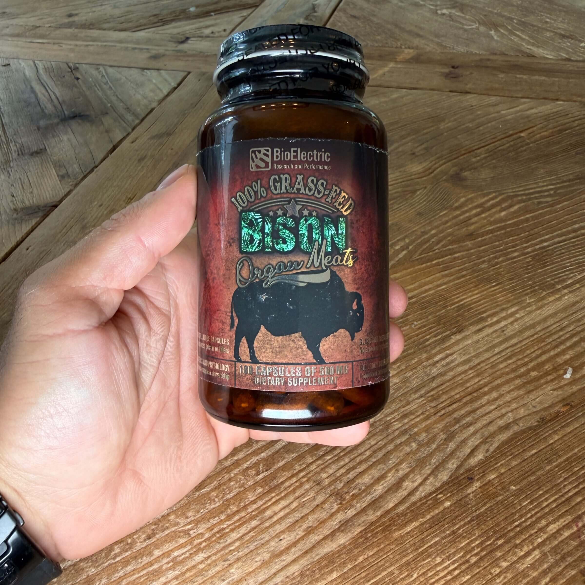 Front of the BioElectric bison organs supplement label.