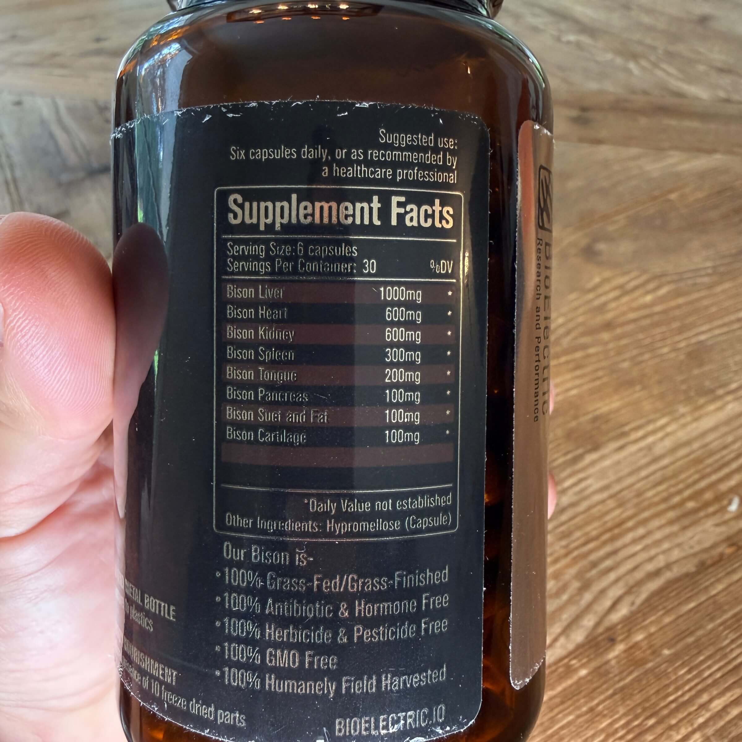Back of the BioElectric bison organs supplement label.