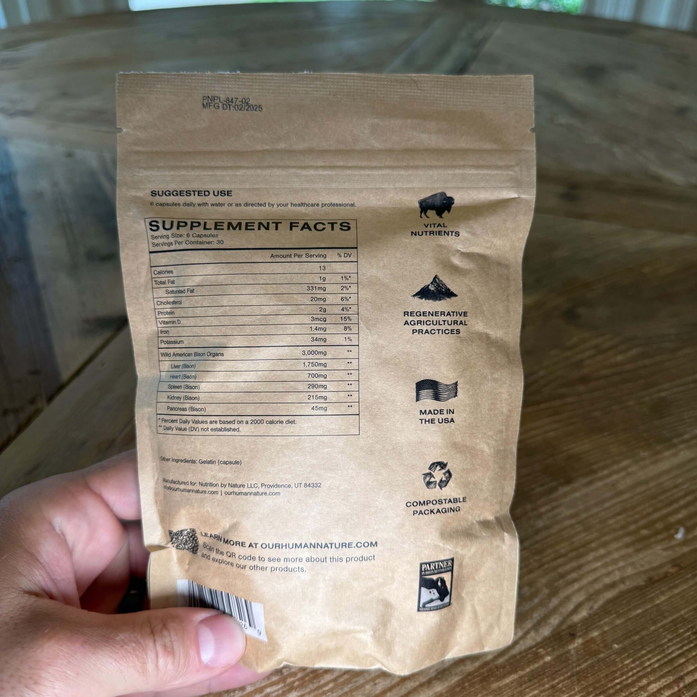 Human Potential bison organ supplement back label.