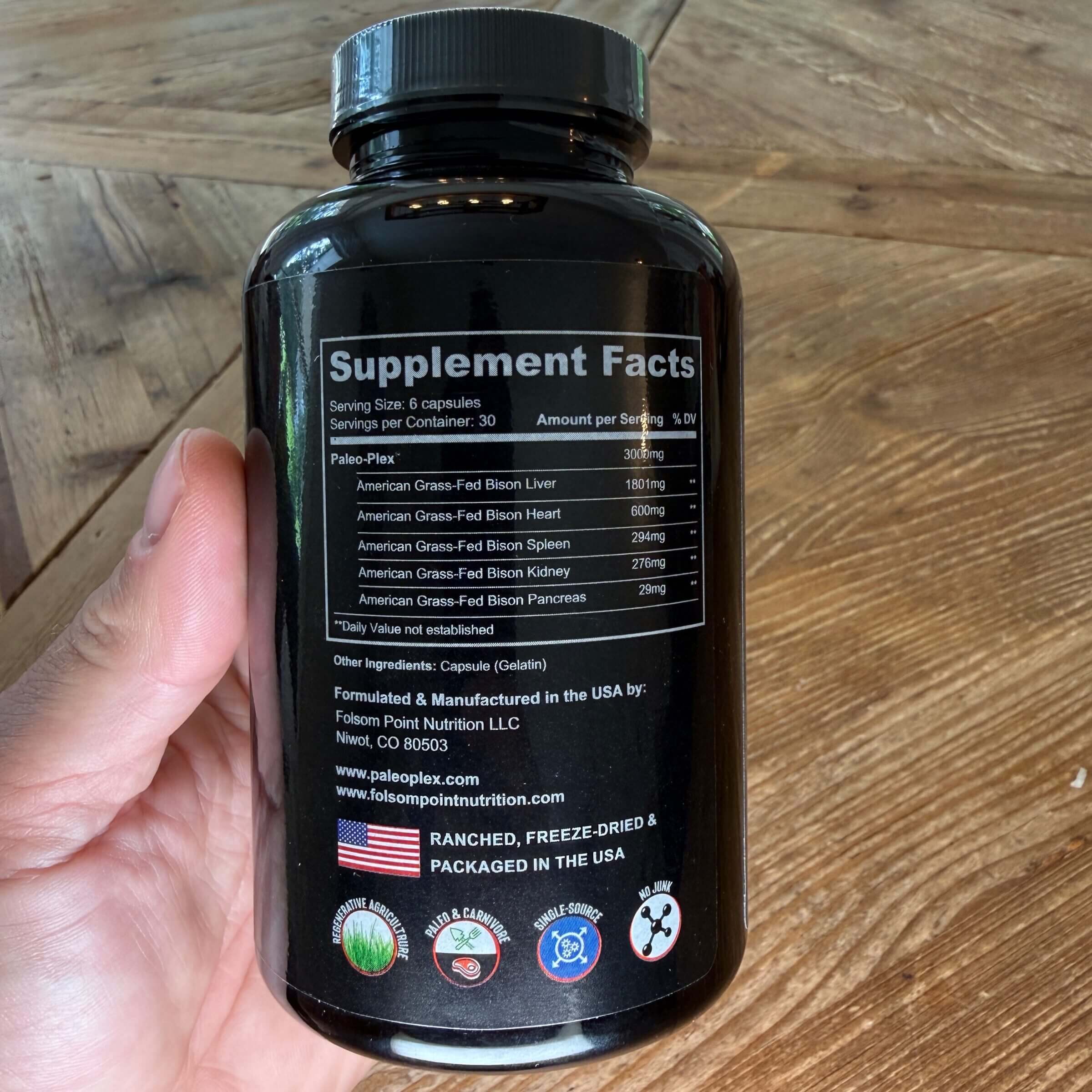 Back of the Paleo-Plex bison organ supplement label.