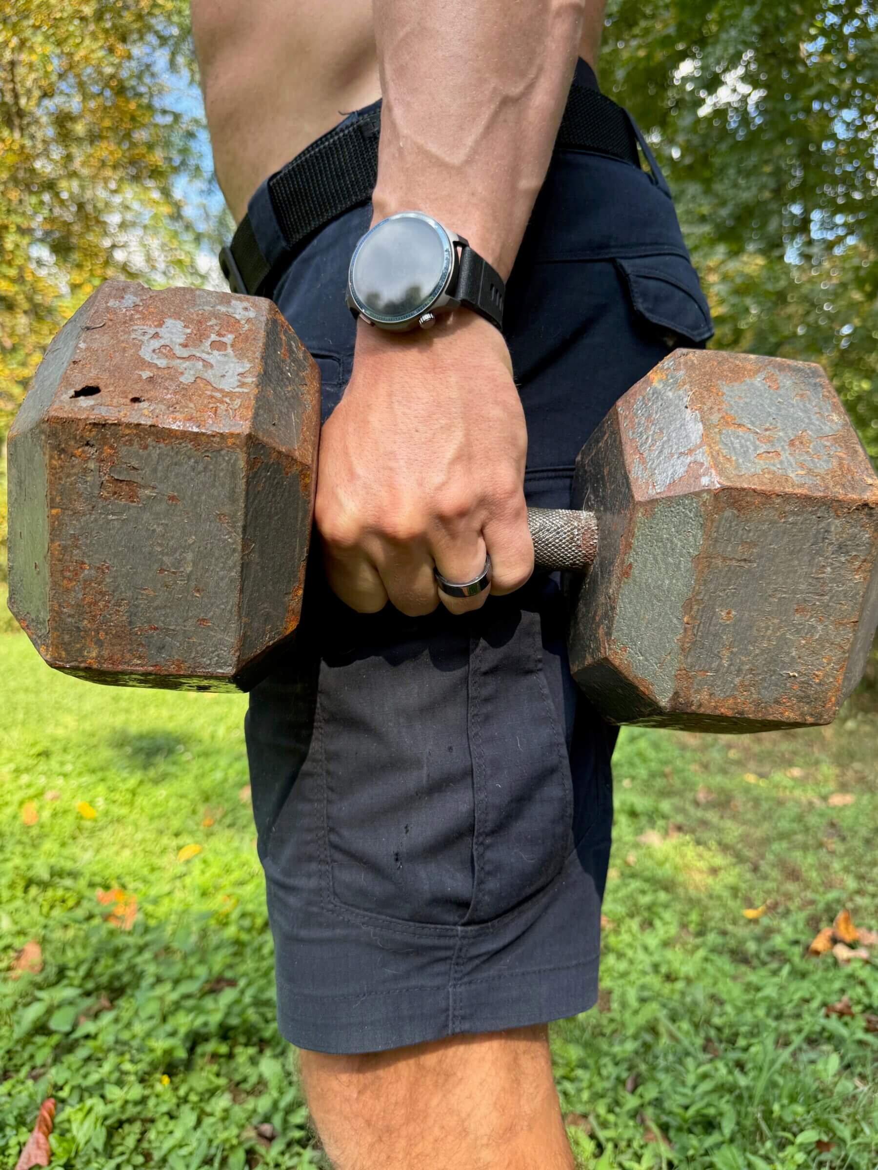 Ultrahuman with dumbbells. 